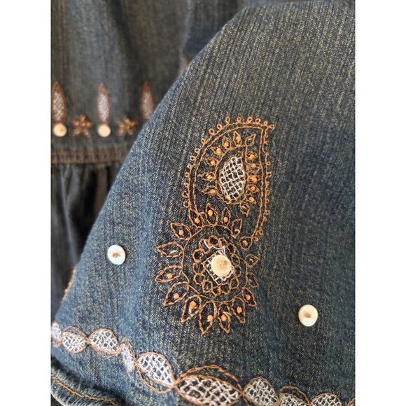 FRN By Fransa Bohemian Denim Skirt With Embroidered Details Tiered Design M.L - Picture 3 of 13